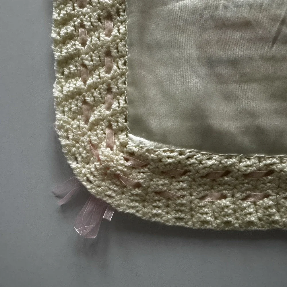 Vintage Cream Pastel Crochet Satin Weave Trim Baby Blanket Approx  25
